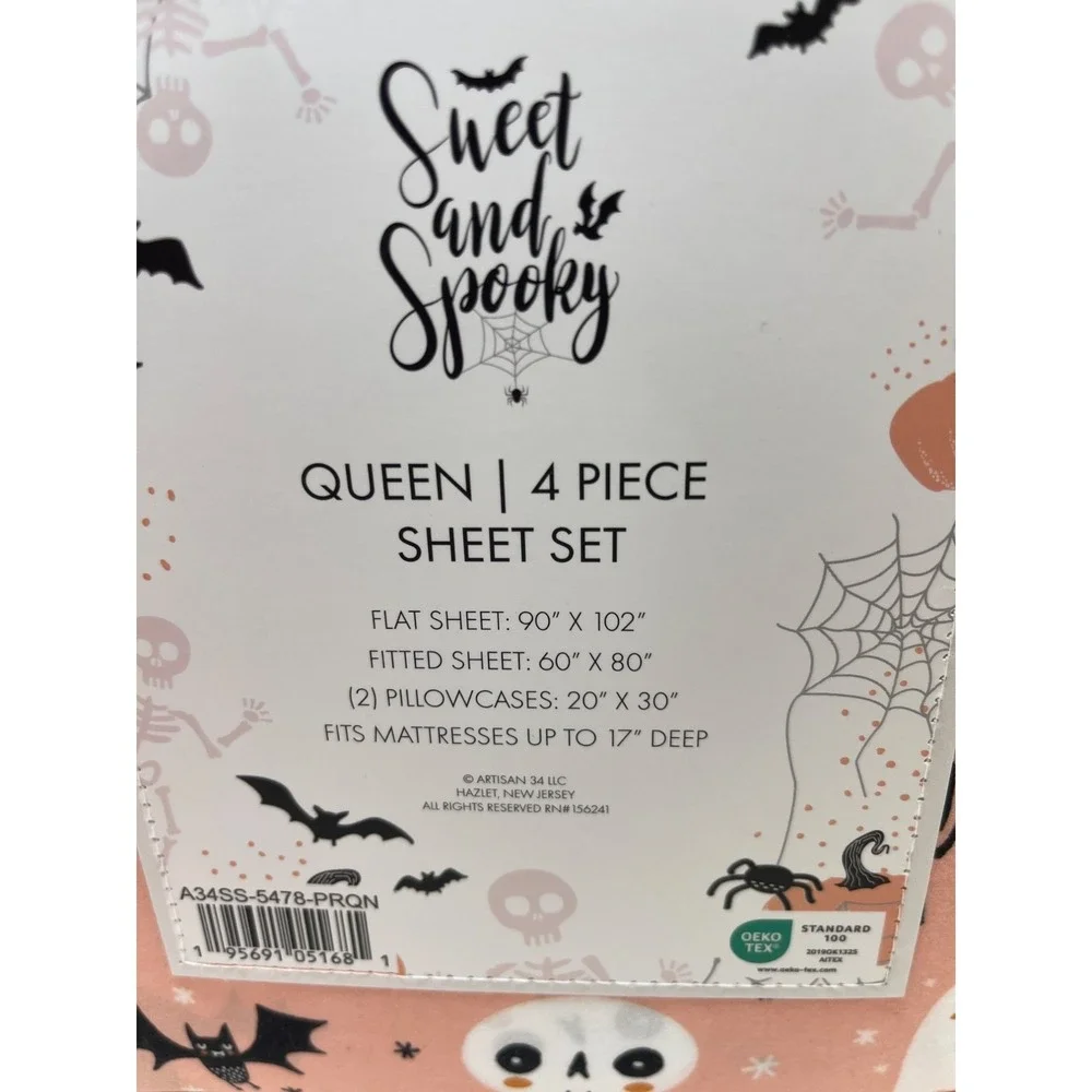 Halloween Sweet & Spooky Queen 4 Pc. Sheet Set‎ Pink Fits 12